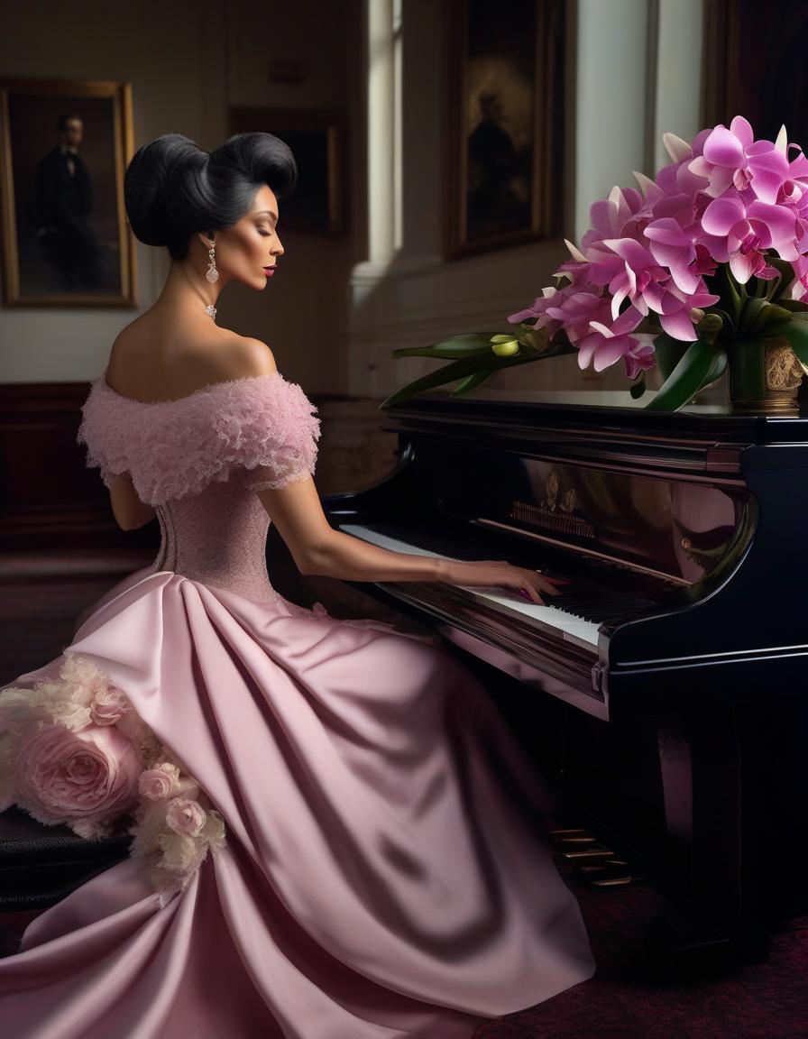  A Victorian beauty in mourning, wearing a black dress, plays on the white keys of a piano half reclined, holding a bouquet of aurans from the 1870s, a pink orchid bouquet on the table. hyperrealistic, full body, detailed clothing, highly detailed, cinematic lighting, stunningly beautiful, intricate, sharp focus, f/1. 8, 85mm, (centered image composition), (professionally color graded), ((bright soft diffused light)), volumetric fog, trending on instagram, trending on tumblr, HDR 4K, 8K