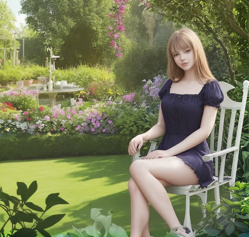  Beautiful girl sits in the big garden