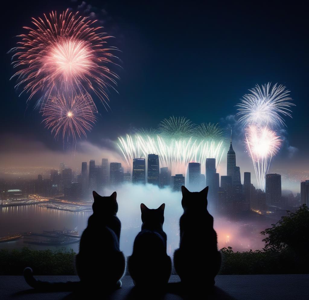  silouettes of two cute cats, seen from behind, watch  spectacular fireworks over a big city hyperrealistic, full body, detailed clothing, highly detailed, cinematic lighting, stunningly beautiful, intricate, sharp focus, f/1. 8, 85mm, (centered image composition), (professionally color graded), ((bright soft diffused light)), volumetric fog, trending on instagram, trending on tumblr, HDR 4K, 8K