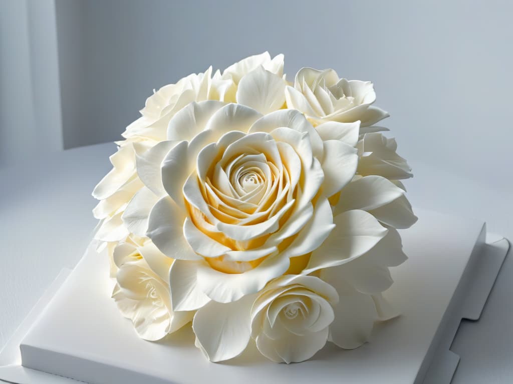  A minimalist and elegant sugar sculpture of a delicate rose bouquet, intricately crafted with lifelike details showcasing the artistry and skill of sugar sculpting. Each petal is flawlessly formed, capturing the light to create a mesmerizing play of shadows, while the overall composition exudes a sense of grace and beauty. The monochromatic color palette enhances the simplicity and sophistication of this stunning sugar artwork, making it a perfect visual representation of the artistry and creativity involved in thematic sugar sculptures. hyperrealistic, full body, detailed clothing, highly detailed, cinematic lighting, stunningly beautiful, intricate, sharp focus, f/1. 8, 85mm, (centered image composition), (professionally color graded), ((bright soft diffused light)), volumetric fog, trending on instagram, trending on tumblr, HDR 4K, 8K