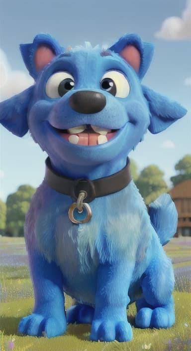  {A happy, big blue dog wagging its tail in a colorful meadow, The big blue dog is large with sky blue fur, big round eyes, a black nose, and floppy ears.