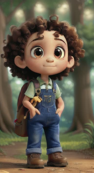  {The tree with a twinkling eye, while its leaves gently rustle., Riley, a curious with big brown eyes and curly hair, wearing overalls and carrying a small backpack. Their friend, Skye, a bluebird with shiny feathers.