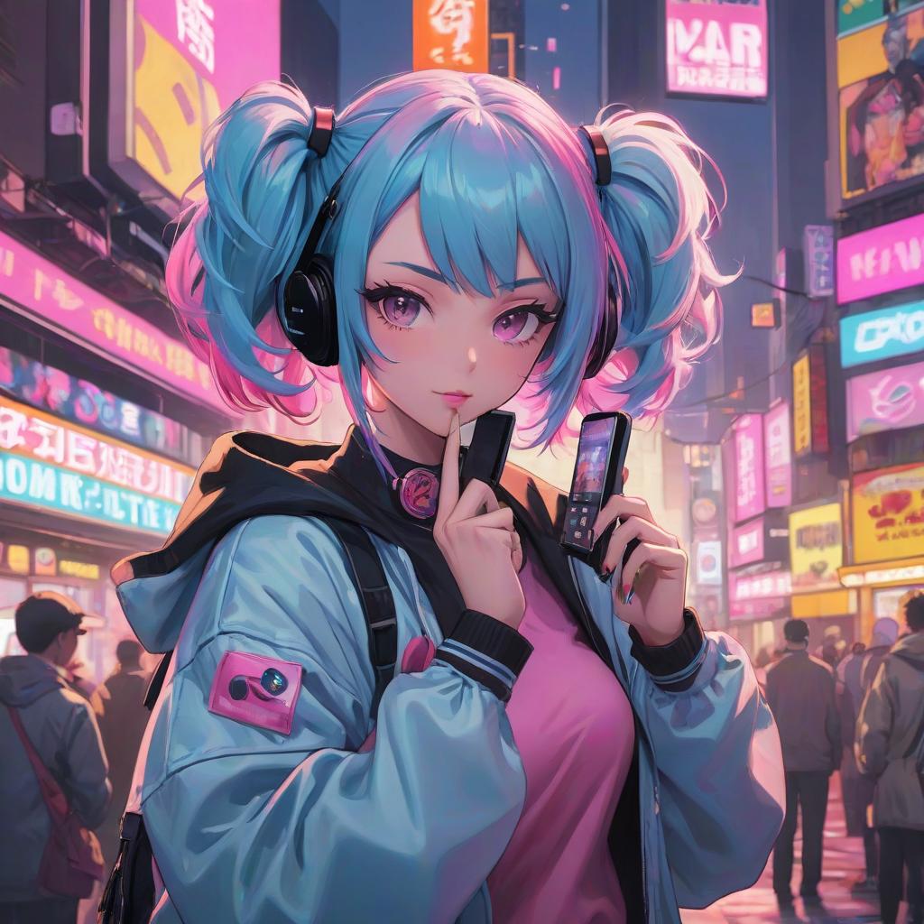  a girl holding a cell phone up to her ear, high detailed official artwork, bubblegum hair, streaming on twitch, tripmachines, japanese kawaii style, acid house, detailed clothes, great use of line work and color, character album cover, bright palette, persona, very very very beautiful art hyperrealistic, full body, detailed clothing, highly detailed, cinematic lighting, stunningly beautiful, intricate, sharp focus, f/1. 8, 85mm, (centered image composition), (professionally color graded), ((bright soft diffused light)), volumetric fog, trending on instagram, trending on tumblr, HDR 4K, 8K