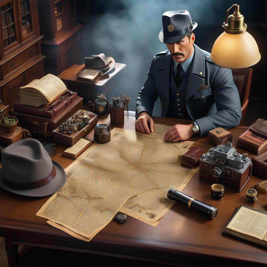  detective's table from above hyperrealistic, full body, detailed clothing, highly detailed, cinematic lighting, stunningly beautiful, intricate, sharp focus, f/1. 8, 85mm, (centered image composition), (professionally color graded), ((bright soft diffused light)), volumetric fog, trending on instagram, trending on tumblr, HDR 4K, 8K