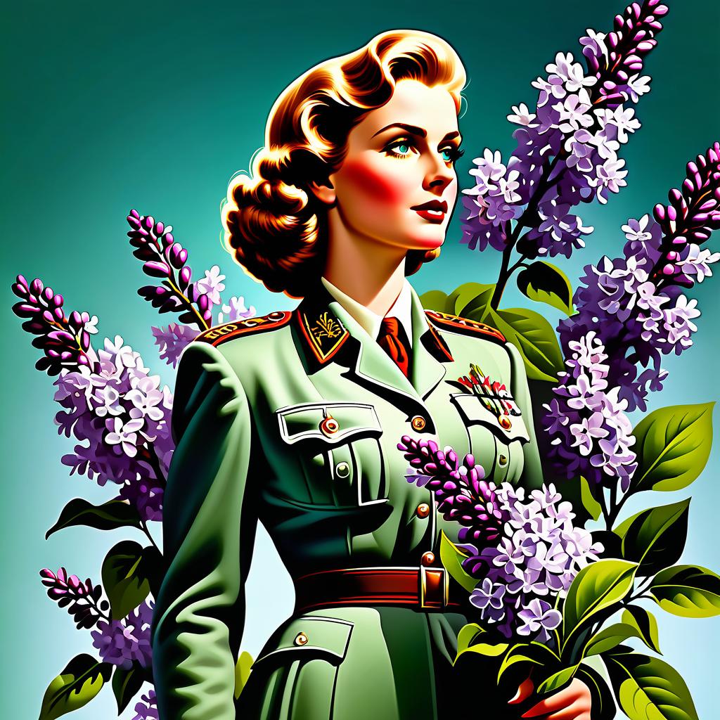  Advertising poster style Victory Day, postcard,covert,letter,salute,lilacs,1945 May,spring. . Professional, modern, product focused, commercial, eye catching, highly detailed hyperrealistic, full body, detailed clothing, highly detailed, cinematic lighting, stunningly beautiful, intricate, sharp focus, f/1. 8, 85mm, (centered image composition), (professionally color graded), ((bright soft diffused light)), volumetric fog, trending on instagram, trending on tumblr, HDR 4K, 8K