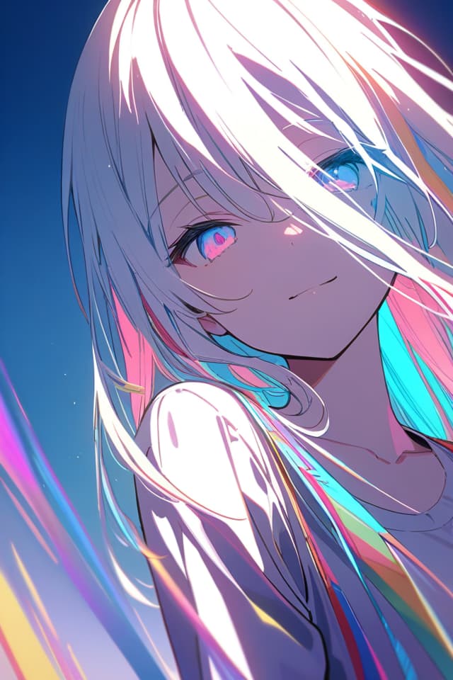  a beautiful blue haired girl,long messy hair,ultra detailed,best shadow,beautiful detailed deep rainbow eyes,cute and beautiful face,shy smile,white shirt,upper body view,colorful,(masterpiece:1.2),(best quality:1.2),detailed background,high contrast,(best illumination,an extremely delicate and beautiful),((cinematic light)),hyper detail,dramatic light,intricate details,8k,anime,very aesthetic,, masterpiece, best quality,8k,ultra detailed,high resolution,an extremely delicate and beautiful,hyper detail