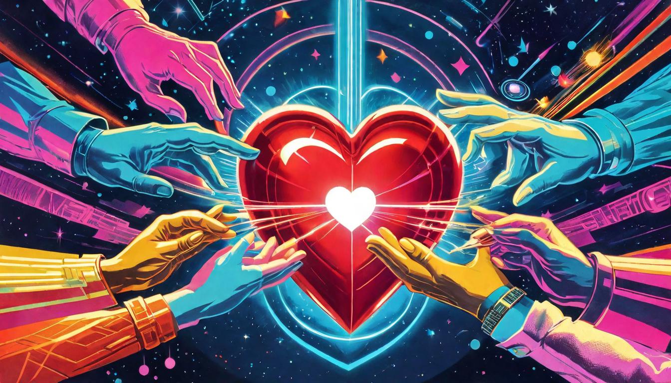  retro futuristic Two hands (metaphorically depicted as merging streams) bringing together pieces of a heart, showing the healing power of unity, Uniting, healing, transformative lvintage sci fi, 50s and 60s style, atomic age, vibrant, highly detailed