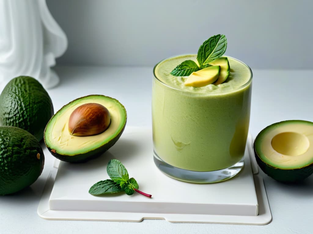  An ultradetailed image of a sophisticated, minimalistic glass of creamy avocado smoothie elegantly garnished with a sprig of mint, surrounded by a few perfectly sliced ripe avocados on a sleek marble countertop. The smoothie is a rich green hue, exuding freshness and indulgence, while the soft natural light highlights the velvety texture of the drink. The image captures the essence of pairing avocados with beverages, evoking a sense of luxury and culinary artistry. hyperrealistic, full body, detailed clothing, highly detailed, cinematic lighting, stunningly beautiful, intricate, sharp focus, f/1. 8, 85mm, (centered image composition), (professionally color graded), ((bright soft diffused light)), volumetric fog, trending on instagram, trending on tumblr, HDR 4K, 8K