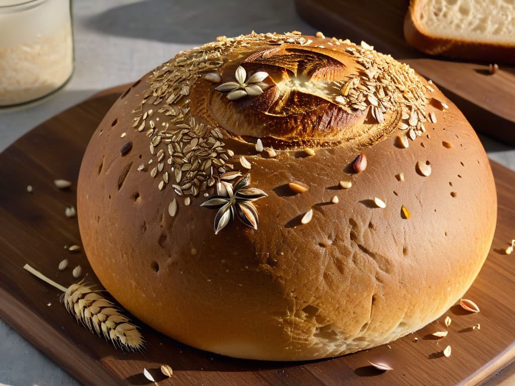  A closeup, ultradetailed image of a beautifully textured sourdough bread loaf, showcasing intricate patterns on the crust, with a scattering of whole grains and seeds on top, set against a simple, elegant backdrop of a rustic wooden table. The lighting is soft and natural, highlighting the golden hues of the crust and creating a warm, inviting atmosphere. hyperrealistic, full body, detailed clothing, highly detailed, cinematic lighting, stunningly beautiful, intricate, sharp focus, f/1. 8, 85mm, (centered image composition), (professionally color graded), ((bright soft diffused light)), volumetric fog, trending on instagram, trending on tumblr, HDR 4K, 8K