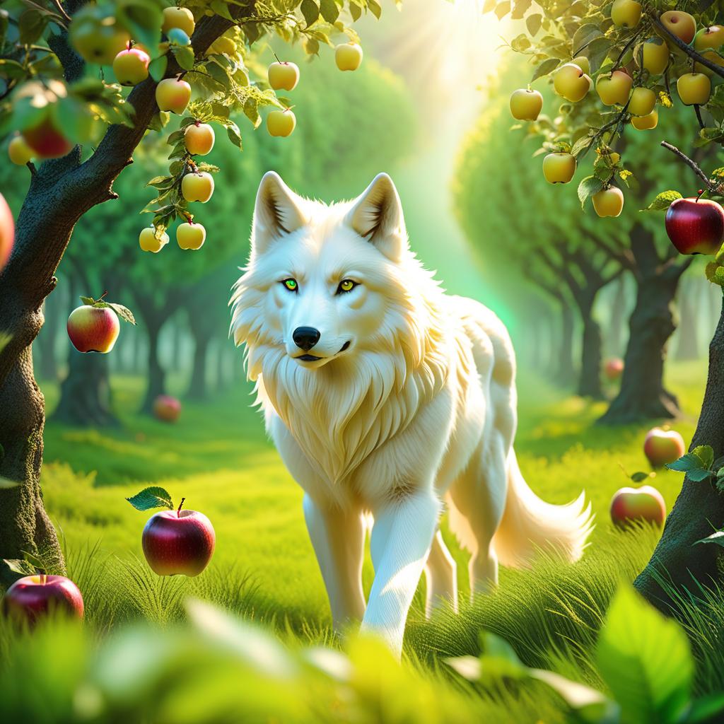  ethereal fantasy concept art of (Background): apple orchard. An apple orchard with golden fruit and crystal leaves. In the orchard sits a white werewolf wolf cub with green eyes, black nose. Style:fantasy . magnificent, celestial, ethereal, painterly, epic, majestic, magical, fantasy art, cover art, dreamy hyperrealistic, full body, detailed clothing, highly detailed, cinematic lighting, stunningly beautiful, intricate, sharp focus, f/1. 8, 85mm, (centered image composition), (professionally color graded), ((bright soft diffused light)), volumetric fog, trending on instagram, trending on tumblr, HDR 4K, 8K