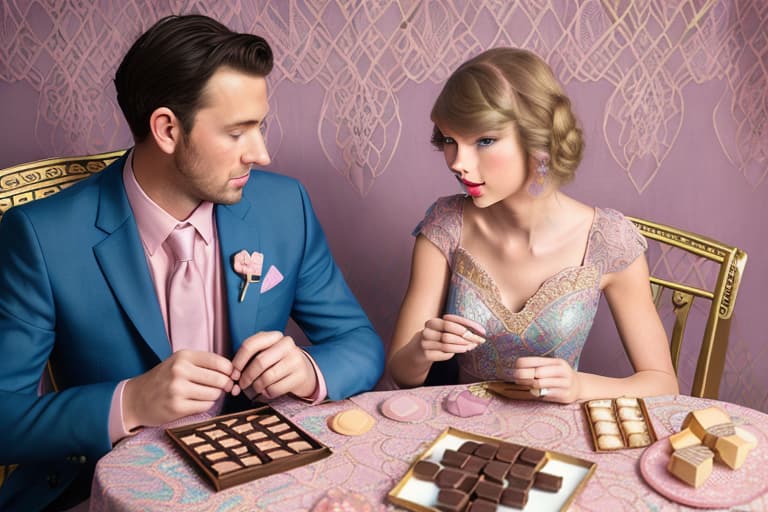  Beautiful Taylor Swift and boyfriend gazing down (lace multi colored pastel dress, men’s blue business suit)(pink cheeks)(dark shadowed lighting)(Superrealism)(Foreground: open small box of fine dark chocolates on a small serving table)(Background artdeco with gold scrollwork)