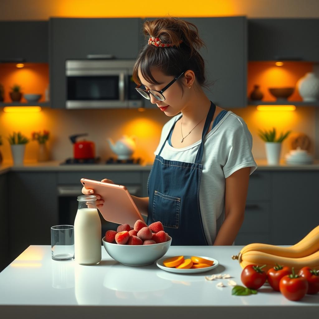  a mom in a modern kitchen making a healthy breakfast with an ipad displaying a recipe propped up on the counter. the kitchen island is filled with oat milk, fresh fruits, and other healthy alternative hyperrealistic, full body, detailed clothing, highly detailed, cinematic lighting, stunningly beautiful, intricate, sharp focus, f/1. 8, 85mm, (centered image composition), (professionally color graded), ((bright soft diffused light)), volumetric fog, trending on instagram, trending on tumblr, HDR 4K, 8K