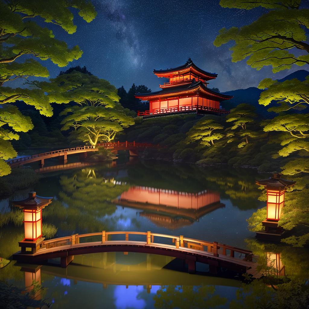  masterpiece, best quality, (Fidelity: 1.4), Best Quality, Masterpiece, Ultra High Resolution, 8k resolution, A night view inspired by Japanese art, featuring a garden illuminated by paper lanterns and a wooden bridge spanning a tranquil lake, by the lakeside, there is a small Zen temple. The water reflects the starry sky.