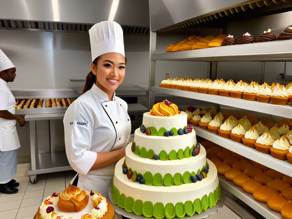  A photorealistic image of a skilled pastry chef standing confidently in a bakery kitchen, surrounded by beautifully decorated cakes and pastries. The chef is wearing a crisp white uniform and holding a piping bag, with a look of determination and focus on their face. The kitchen is bustling with activity, showcasing a professional and inspiring atmosphere perfect for managing negative comments on social media. hyperrealistic, full body, detailed clothing, highly detailed, cinematic lighting, stunningly beautiful, intricate, sharp focus, f/1. 8, 85mm, (centered image composition), (professionally color graded), ((bright soft diffused light)), volumetric fog, trending on instagram, trending on tumblr, HDR 4K, 8K