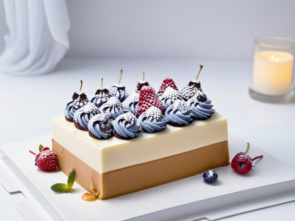  A closeup, highresolution image of a beautifully decorated vegan dessert spread on a sleek, modern white platter. The dessert features intricate details like edible flowers, delicate drizzles of chocolate, and perfectly placed berries, all set against a clean white backdrop that emphasizes the elegance and artistry of the vegan treats. hyperrealistic, full body, detailed clothing, highly detailed, cinematic lighting, stunningly beautiful, intricate, sharp focus, f/1. 8, 85mm, (centered image composition), (professionally color graded), ((bright soft diffused light)), volumetric fog, trending on instagram, trending on tumblr, HDR 4K, 8K