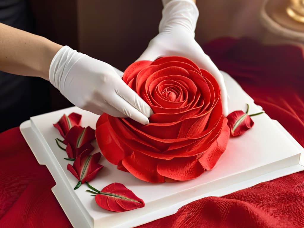  A closeup, photorealistic image of a skilled sugar artist's hands delicately sculpting a lifelike rose out of vibrant red sugar paste. The artist's fingers are precise, showcasing the intricate details and textures of the petal as it takes shape. The soft, natural lighting highlights the artist's focused expression, capturing the intense concentration and artistry required in creating stunning sugar sculptures. hyperrealistic, full body, detailed clothing, highly detailed, cinematic lighting, stunningly beautiful, intricate, sharp focus, f/1. 8, 85mm, (centered image composition), (professionally color graded), ((bright soft diffused light)), volumetric fog, trending on instagram, trending on tumblr, HDR 4K, 8K