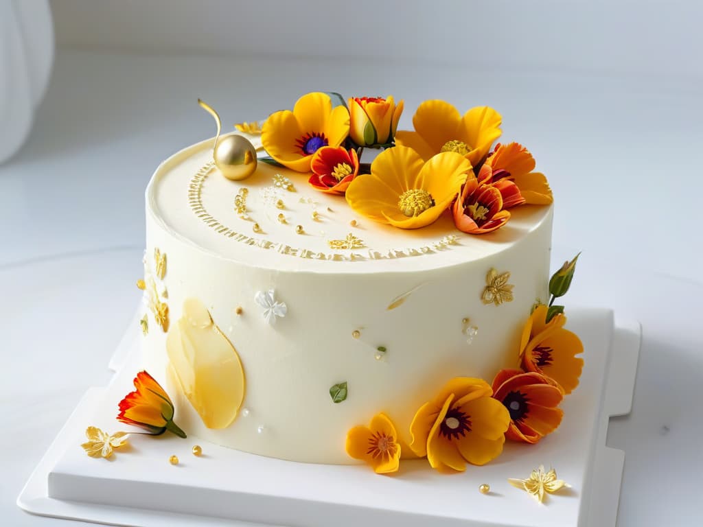  A closeup, ultradetailed image of a delicate, intricately designed cake adorned with vibrant edible flowers and shimmering gold leaf accents, set against a clean, white marble background. The cake features a flawless glossy finish, showcasing the precision of the piping work and the artistry of the sugar decorations. The play of light and shadows highlights the exquisite details, creating a visually stunning and elegant composition that embodies the fusion of traditional pastry art with cuttingedge augmented reality technology. hyperrealistic, full body, detailed clothing, highly detailed, cinematic lighting, stunningly beautiful, intricate, sharp focus, f/1. 8, 85mm, (centered image composition), (professionally color graded), ((bright soft diffused light)), volumetric fog, trending on instagram, trending on tumblr, HDR 4K, 8K