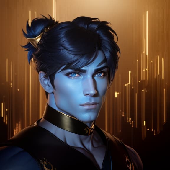  A male genie with a blue complexion and a muscular body, with long black hair and golden eyes, hyperrealistic, high quality, highly detailed, cinematic lighting, intricate, sharp focus, f/1. 8, 85mm, (centered image composition), (professionally color graded), ((bright soft diffused light)), volumetric fog, trending on instagram, HDR 4K, 8K
