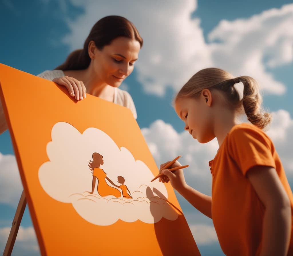  cinematic film still Mother and child are drawing on an orange canvas, mother and child on a cloud are drawing on a canvas, clean sky, sky color background. . shallow depth of field, vignette, highly detailed, high budget, bokeh, cinemascope, moody, epic, gorgeous, film grain, grainy