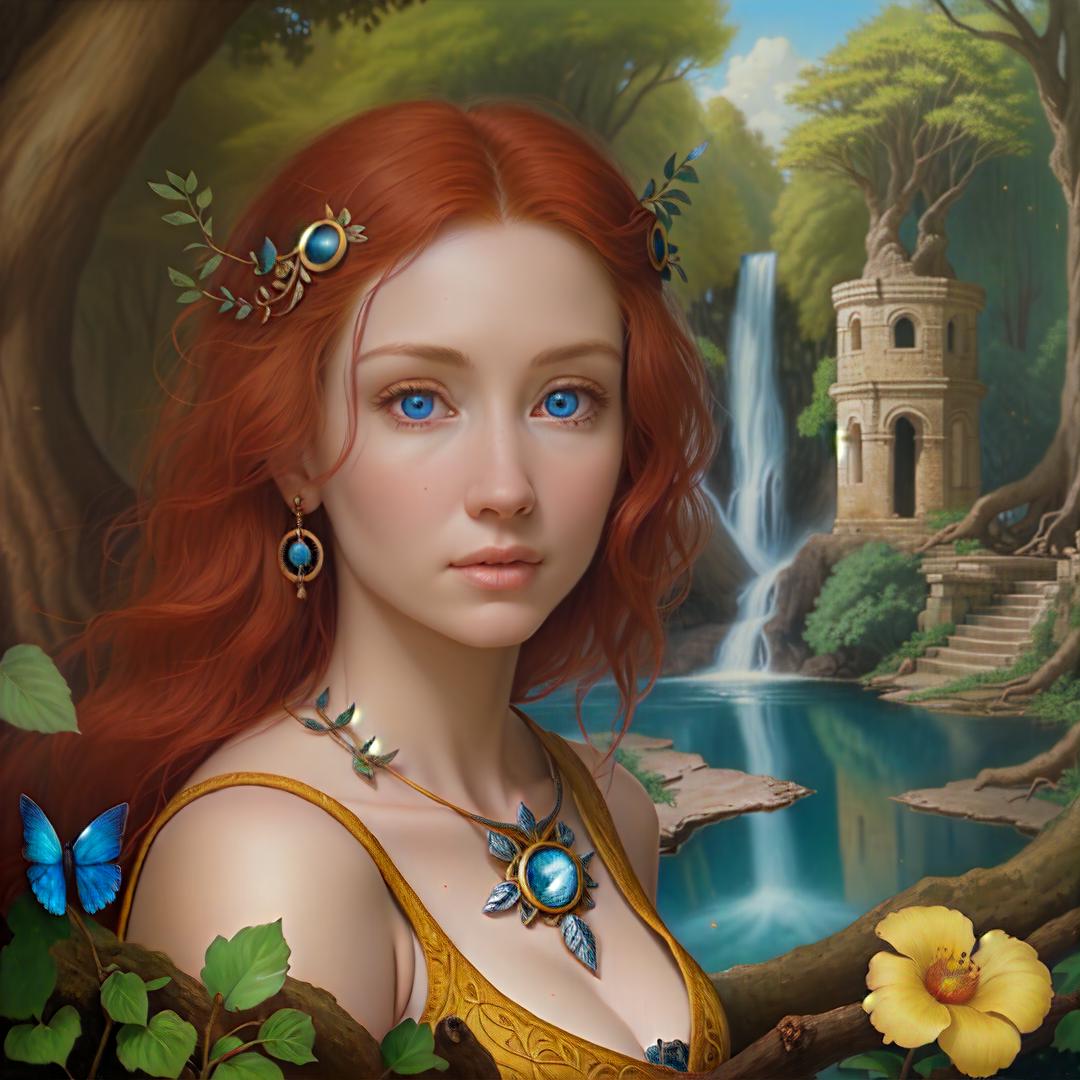  portrait of a woman in love aged 45, red hair, blue eyes, in a forest, timeless, sundial, scrapbook with analog, high quality, detailed, photo realism, style of esao andrews, perfect detailed eyes Ancient Trees. Roots. Waterfalls. Ancient Ruins And Trees Pools With Reflections. High Detail. Ancient Yellow-brick-road. lawn , Highly defined, highly detailed, sharp focus, (centered image composition), 4K, 8K