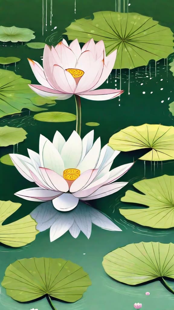  masterpiece, best quality, draw a summer illustration, background green to white gradient, lotus leaves some standing on the water, some leaves sink into the water, some sink halfway, under sparse light rain, beautiful and delicate picture, pay attention to detail and realism, the main lotus in the lower left corner of the picture