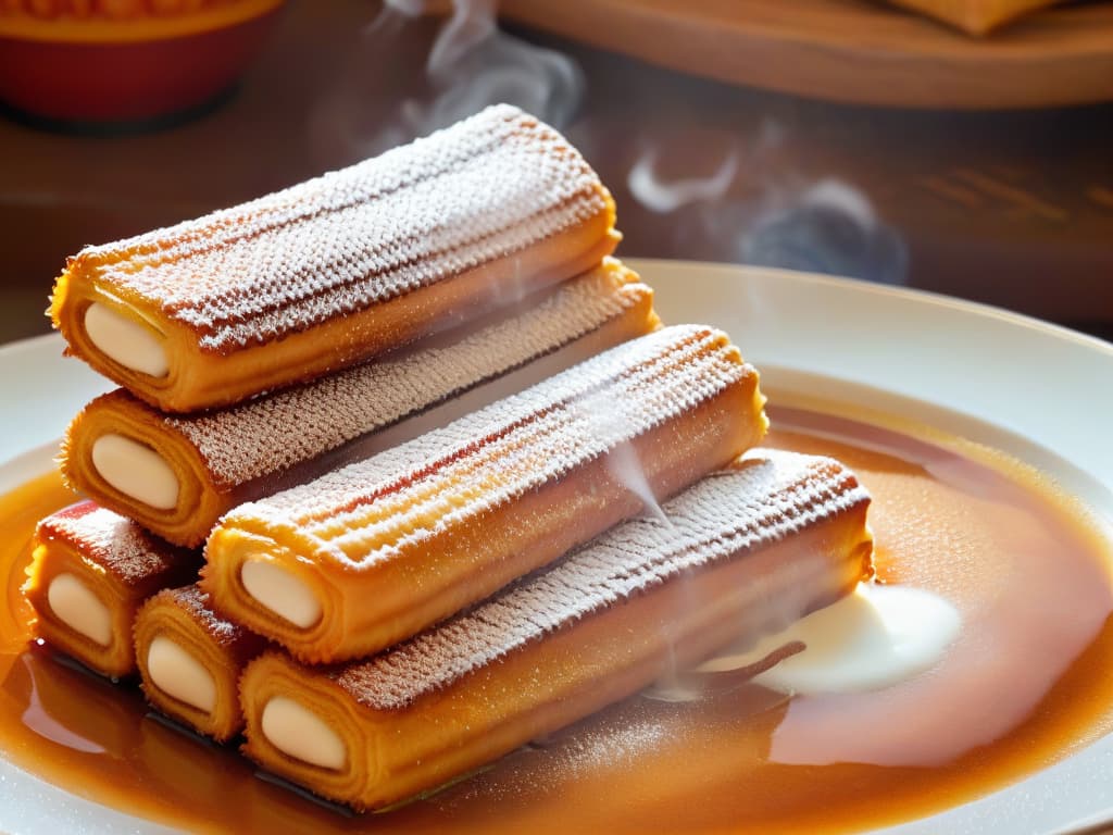  An ultradetailed closeup image of a perfectly goldenbrown churro being lifted out of bubbling hot oil, showcasing its crisp exterior and fluffy interior. The churro is dusted with a light sprinkling of cinnamon sugar, and the background is a soft focus on a quaint, rustic kitchen setting with traditional Spanish tiles and vintage cooking utensils scattered around. hyperrealistic, full body, detailed clothing, highly detailed, cinematic lighting, stunningly beautiful, intricate, sharp focus, f/1. 8, 85mm, (centered image composition), (professionally color graded), ((bright soft diffused light)), volumetric fog, trending on instagram, trending on tumblr, HDR 4K, 8K