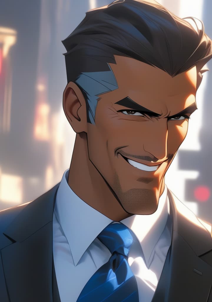  An anime charcter. A well dressed middle aged man with a friendly smile is depicted in this image. He is wearing a classic white dress shirt, a dark suit jacket, and a sleek blue tie. The man exudes professionalism and confidence, with a neatly groomed appearance. His face is the focal point of the image, showcasing his expressive smile and defined features. The background is plain and neutral, emphasizing the man's presence. This close up shot captures the man's head and shoulders, highlighting his refined attire and sophisticated demeanor. Overall, this image conveys a sense of elegance and authority, making it suitable for business related content or representing a successful professional like former President Barack Obama. hyperrealistic, full body, detailed clothing, highly detailed, cinematic lighting, stunningly beautiful, intricate, sharp focus, f/1. 8, 85mm, (centered image composition), (professionally color graded), ((bright soft diffused light)), volumetric fog, trending on instagram, trending on tumblr, HDR 4K, 8K