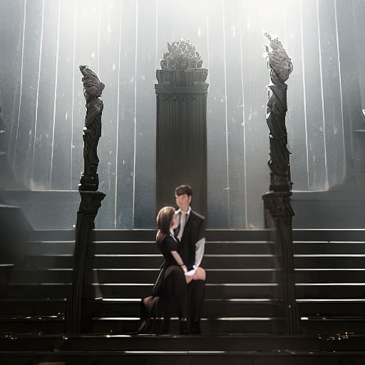  young couple sitting on stairs kissing hyperrealistic, full body, detailed clothing, highly detailed, cinematic lighting, stunningly beautiful, intricate, sharp focus, f/1. 8, 85mm, (centered image composition), (professionally color graded), ((bright soft diffused light)), volumetric fog, trending on instagram, trending on tumblr, HDR 4K, 8K