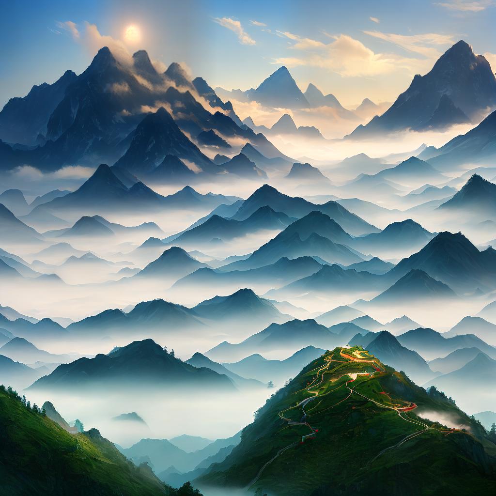  An incredibly detailed 8k ((masterpiece)) of a Chinese landscape painting in the style of traditional ink wash. The scene showcases a majestic mountain peak towering above a mist-covered valley. The artist, Li Wei, has expertly captured the serenity and grandeur of the landscape. The colors used in this artwork are predominantly shades of blue and green, evoking a sense of tranquility and harmony with nature. The painting can be viewed on the website liweiart.com, where higher resolution images are available for closer inspection. hyperrealistic, full body, detailed clothing, highly detailed, cinematic lighting, stunningly beautiful, intricate, sharp focus, f/1. 8, 85mm, (centered image composition), (professionally color graded), ((bright soft diffused light)), volumetric fog, trending on instagram, trending on tumblr, HDR 4K, 8K