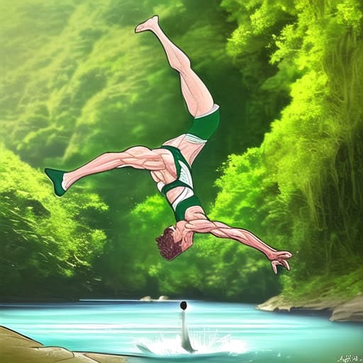  An athletic young man performing a summersault and a backflip over a river in a lush green canyon. The scene captures a moment of thrilling acrobatics, with the man mid-flip, showcasing his muscular p