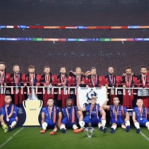  A football team of 11 players and two Coaches with a champions league trophy and a banner at the top saying congratulations billions