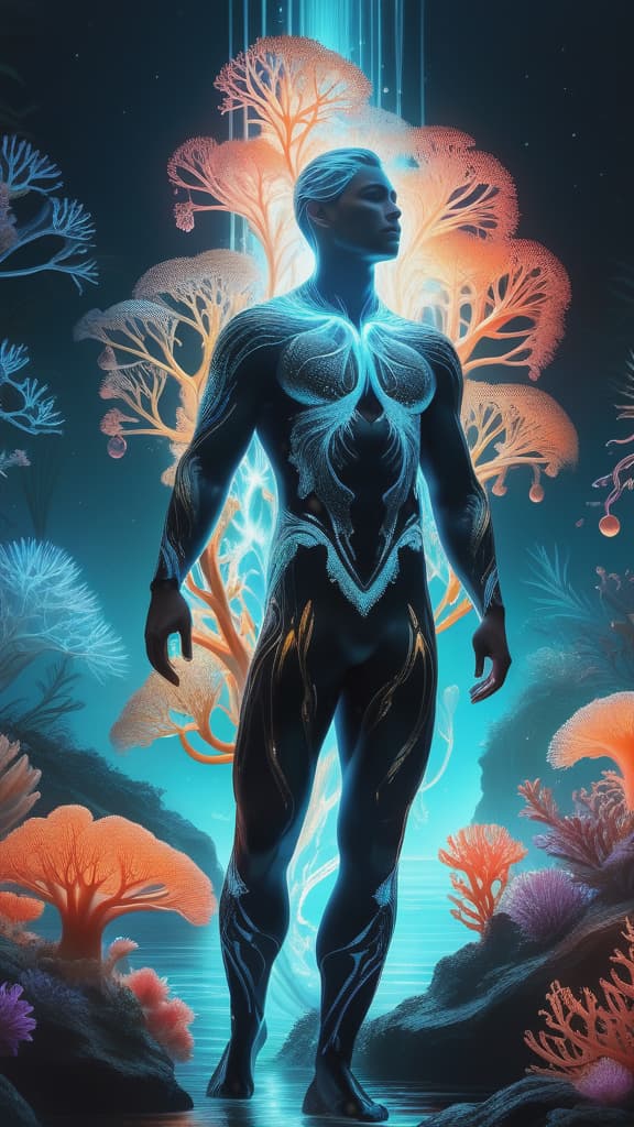  photo RAW,HD,8K, (Ultra detailed illustration of a person lost in a magical world of wonders, glowy, bioluminescent flora, incredibly detailed, pastel colors, art by Mschiffer, night, bioluminescence, ultrarealistic, hyperrealistice, hyperdetailed: shiny aura, highly detailed, black pearls, gold and coral filigree, intricate motifs, organic tracery, Kiernan Shipka, Januz Miralles, Hikari Shimoda, glowing stardust by W. Zelmer, perfect composition, smooth, sharp focus, sparkling particles, lively coral reef colored background Realistic, realism, hd, 35mm photograph, 8k), masterpiece, award winning photography, natural light, perfect composition, high detail, hyper realistic, add depth, water background, detailed eyes, (Hyperdetailed,hyper re hyperrealistic, full body, detailed clothing, highly detailed, cinematic lighting, stunningly beautiful, intricate, sharp focus, f/1. 8, 85mm, (centered image composition), (professionally color graded), ((bright soft diffused light)), volumetric fog, trending on instagram, trending on tumblr, HDR 4K, 8K