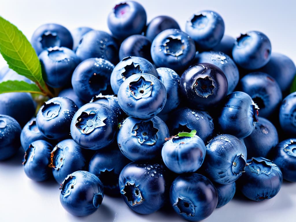  A closeup, ultradetailed image of a handful of ripe, plump blueberries glistening under soft natural lighting against a stark white background. Each tiny indigo fruit is perfectly round, showcasing its delicate, waxy skin and a small crown of verdant leaves. The rich colors and intricate textures of the blueberries are so vivid that every tiny droplet of moisture on their surface is visible, highlighting their freshness and natural beauty in a minimalist, elegant composition. hyperrealistic, full body, detailed clothing, highly detailed, cinematic lighting, stunningly beautiful, intricate, sharp focus, f/1. 8, 85mm, (centered image composition), (professionally color graded), ((bright soft diffused light)), volumetric fog, trending on instagram, trending on tumblr, HDR 4K, 8K