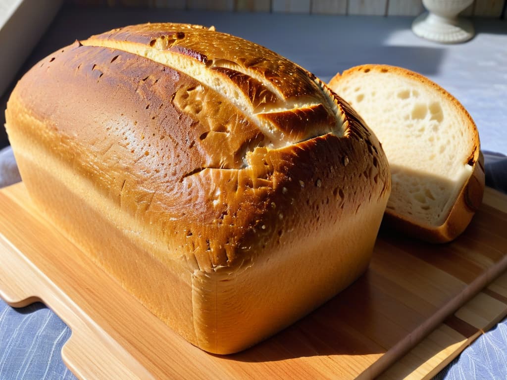  A closeup, ultradetailed image of a perfectly risen vegan sourdough bread loaf, freshly baked and cooling on a rustic wooden cutting board. The goldenbrown crust shines under the soft, natural lighting, with just a hint of steam rising from the scored top. The texture of the bread is visible, showcasing the airy crumb structure typical of sourdough bread made with natural yeast. The minimalistic composition highlights the simplicity and beauty of homemade vegan baked goods with natural leavening agents. hyperrealistic, full body, detailed clothing, highly detailed, cinematic lighting, stunningly beautiful, intricate, sharp focus, f/1. 8, 85mm, (centered image composition), (professionally color graded), ((bright soft diffused light)), volumetric fog, trending on instagram, trending on tumblr, HDR 4K, 8K