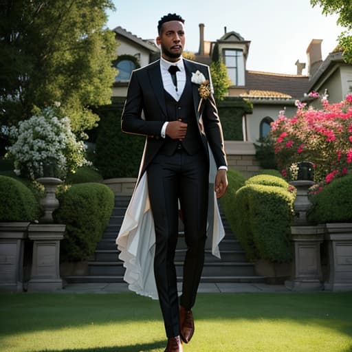  Thomas wolf as a black man on a mansion lawn. hyperrealistic, full body, detailed clothing, highly detailed, cinematic lighting, stunningly beautiful, intricate, sharp focus, f/1. 8, 85mm, (centered image composition), (professionally color graded), ((bright soft diffused light)), volumetric fog, trending on instagram, trending on tumblr, HDR 4K, 8K