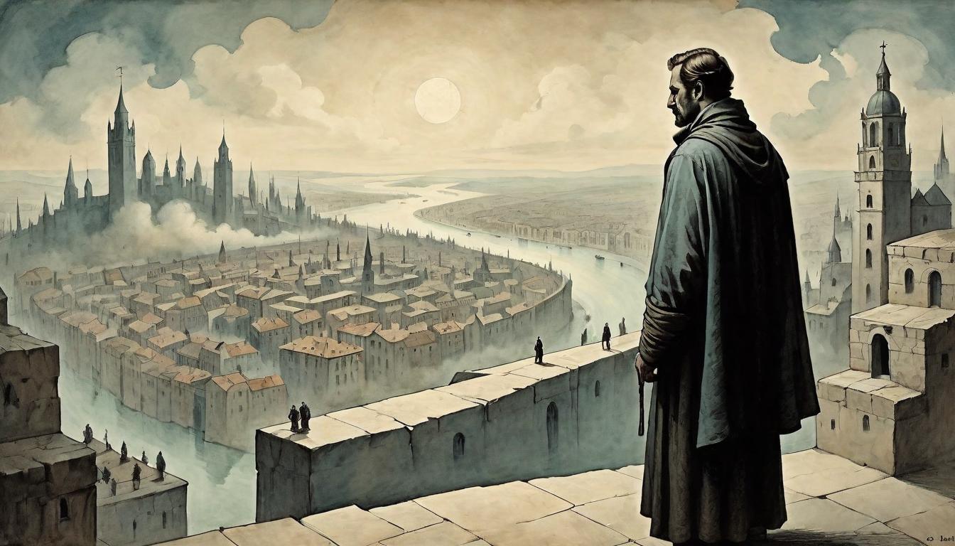  on parchment, surrealism+++, A figure wrapped in shadows, gazing upon a cityscape from a high vantage point, the outlier's perspective, ahead of the curve, solitude in foresight, visionary isolation(mysterious, provocative, symbolic,muted color)+++