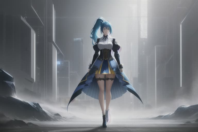  Score_9, Score_8_Up, Score_7_Up, Source Anime, 1 , blue hair, ponytail, , ing yellow cosplay, , ty : 1.2, hyperrealistic, full body, detailed clothing, highly detailed, cinematic lighting, stunningly beautiful, intricate, sharp focus, f/1. 8, 85mm, (centered image composition), (professionally color graded), ((bright soft diffused light)), volumetric fog, trending on instagram, trending on tumblr, HDR 4K, 8K