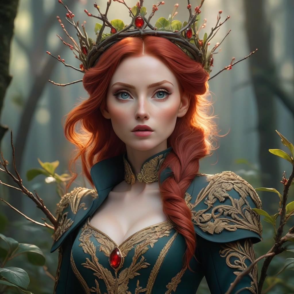  ethereal fantasy concept art of A girl in an aristocratic jacket with red hair and a crown of branches on her head. . magnificent, celestial, ethereal, painterly, epic, majestic, magical, fantasy art, cover art, dreamy hyperrealistic, full body, detailed clothing, highly detailed, cinematic lighting, stunningly beautiful, intricate, sharp focus, f/1. 8, 85mm, (centered image composition), (professionally color graded), ((bright soft diffused light)), volumetric fog, trending on instagram, trending on tumblr, HDR 4K, 8K