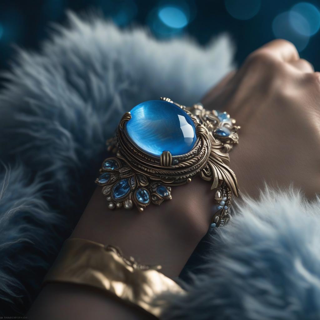  fluffy blue bracelet hyperrealistic, full body, detailed clothing, highly detailed, cinematic lighting, stunningly beautiful, intricate, sharp focus, f/1. 8, 85mm, (centered image composition), (professionally color graded), ((bright soft diffused light)), volumetric fog, trending on instagram, trending on tumblr, HDR 4K, 8K