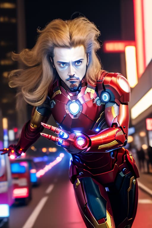  masterpiece, best quality, Best quality, masterpiece, 8k resolution, realistic, highly detailed, close up of Iron Man. In a cyberpunk style night scene of the city, he stands on a street lined with tall buildings. The city's night lights are bright, The surrounding buildings and streets are filled with cyberpunk elements such as neon lights, high tech devices, and futuristic architectural designs.