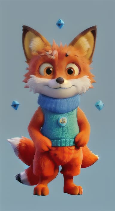  {Error the fox pressing the blue button with his paw, looking puzzled as nothing occurs., Error is a small, bright orange fox with a fluffy tail and big, inquisitive eyes. He has a mischievous yet kind expression and wears a tiny green scarf.