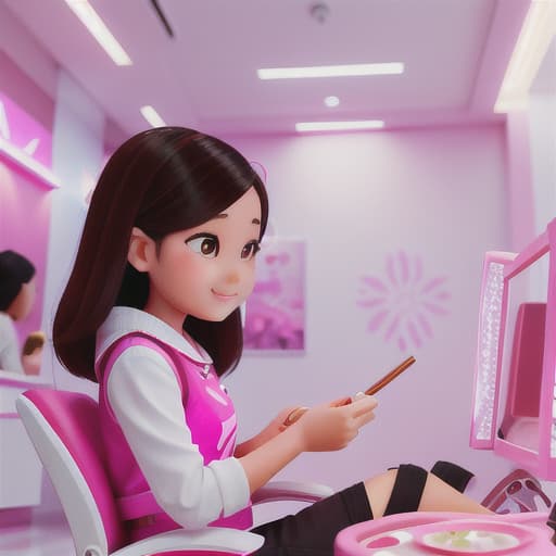  Cute Thai girl painting nail of a customer in a nail salon with warm pink and white lighting, high details, bright colours