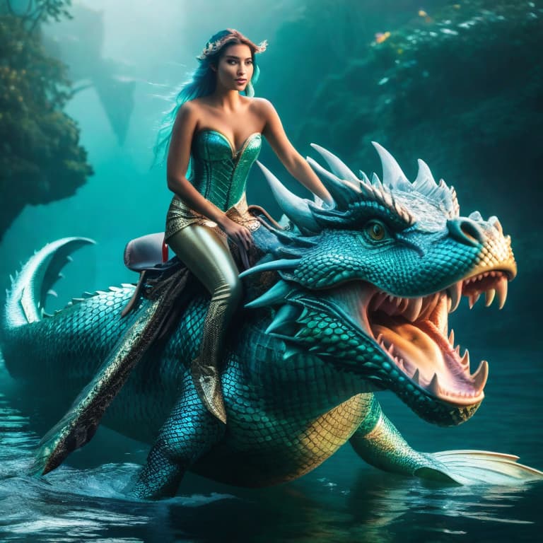  Mermaid riding a dragon hyperrealistic, full body, detailed clothing, highly detailed, cinematic lighting, stunningly beautiful, intricate, sharp focus, f/1. 8, 85mm, (centered image composition), (professionally color graded), ((bright soft diffused light)), volumetric fog, trending on instagram, trending on tumblr, HDR 4K, 8K