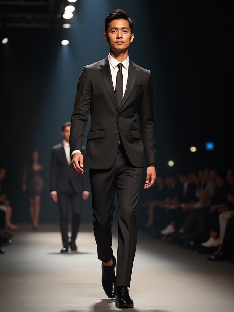  asian, male, suit, runway show, stylish, confident walk, elegant pose, formal attire, fashion model, high fashion, modern outfit, professional lighting, catwalk, fashionable look, trendy clothing, chic style, professional model agency, detailed background ((asian)), ((male)), suit, runway show, stylish, confident walk, elegant pose, formal attire, fashion model, high fashion, modern outfit, professional lighting, catwalk, fashionable look, trendy clothing, chic style, professional model agency, detailed background highly detailed photo, sharp details, best quality, 4k, raw photo, medium shot, 50mm lens, frontal view photo realistic, highly intricate and detailed, masterpiece, ultra high res,photography,8k resolution