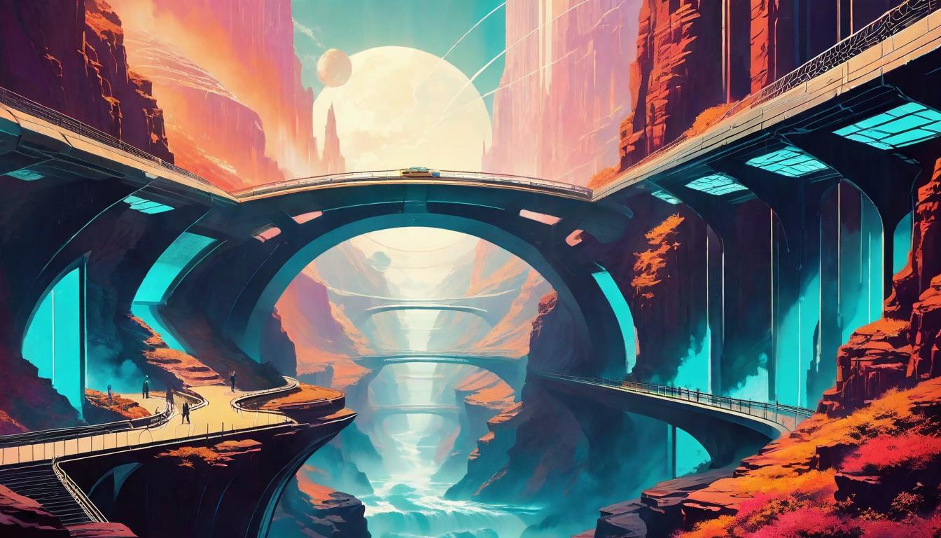  retro futuristic A bridge spanning a chasm, built of stories and shared experiences, connecting isolated souls, Bridging, healing, communal lvintage sci fi, 50s and 60s style, atomic age, vibrant, highly detailed