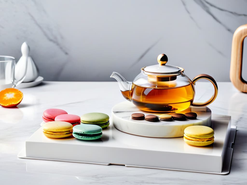  A minimalistic, highly detailed image of a sleek, modern tea set featuring a teapot, cups, saucers, and a selection of colorful macarons delicately arranged on a marble tabletop. The teapot is elegantly designed with clean lines and a polished finish, exuding a sense of sophistication. The macarons come in various pastel hues, each garnished with delicate edible flowers, creating a visually appealing and luxurious setting perfect for a tea and dessert pairing experience. hyperrealistic, full body, detailed clothing, highly detailed, cinematic lighting, stunningly beautiful, intricate, sharp focus, f/1. 8, 85mm, (centered image composition), (professionally color graded), ((bright soft diffused light)), volumetric fog, trending on instagram, trending on tumblr, HDR 4K, 8K