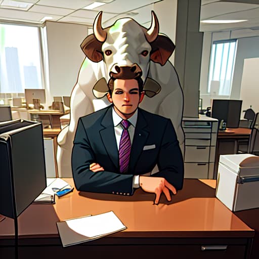  Portrait of bull in business suit at the office desk