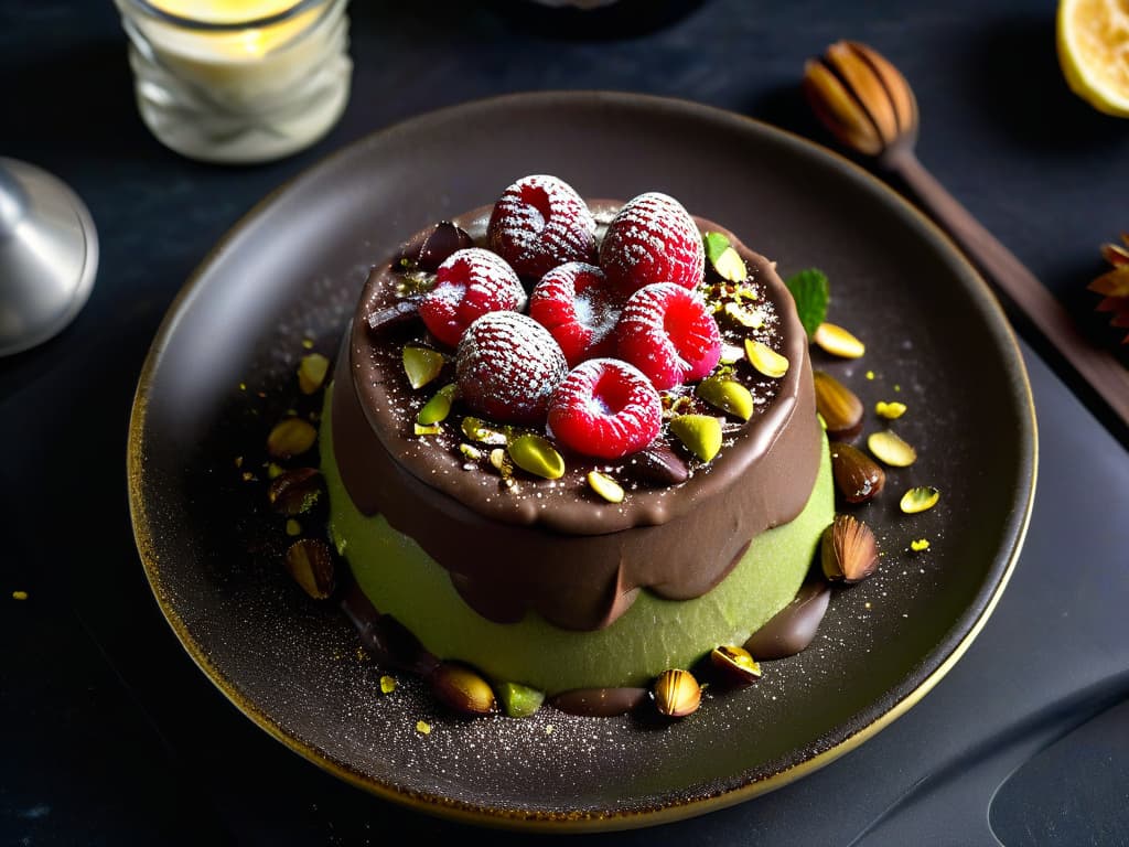  A minimalist, ultradetailed image of a decadent chocolate avocado mousse topped with fresh raspberries and a sprinkle of crushed pistachios, elegantly presented on a white porcelain plate against a matte black backdrop. The creamy texture of the mousse glistens under soft lighting, showcasing the richness and indulgence of this healthy, proteinpacked dessert. hyperrealistic, full body, detailed clothing, highly detailed, cinematic lighting, stunningly beautiful, intricate, sharp focus, f/1. 8, 85mm, (centered image composition), (professionally color graded), ((bright soft diffused light)), volumetric fog, trending on instagram, trending on tumblr, HDR 4K, 8K