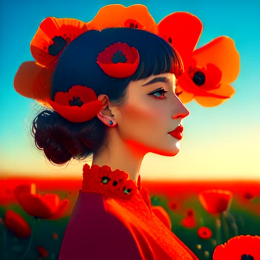 in OliDisco style girl portrait in profile in poppies