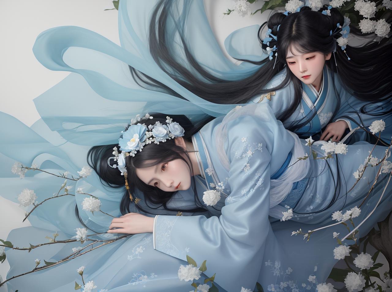  masterpiece, best quality, (Fidelity: 1.4), Best Quality, Masterpiece, Ultra High Resolution, Poster, Fantasy Art, Very Detailed Faces, 8k resolution, Chinese Style, An woman, Side Face, Quiet, Light Blue Hanfu, Tulle Coat, Long Black Hair, Light Blue Fringed Hair Ornament, Hairpin, White Ribbon, White Flower Bush, Light Blue Butterfly Flying, cinematic lighting effects